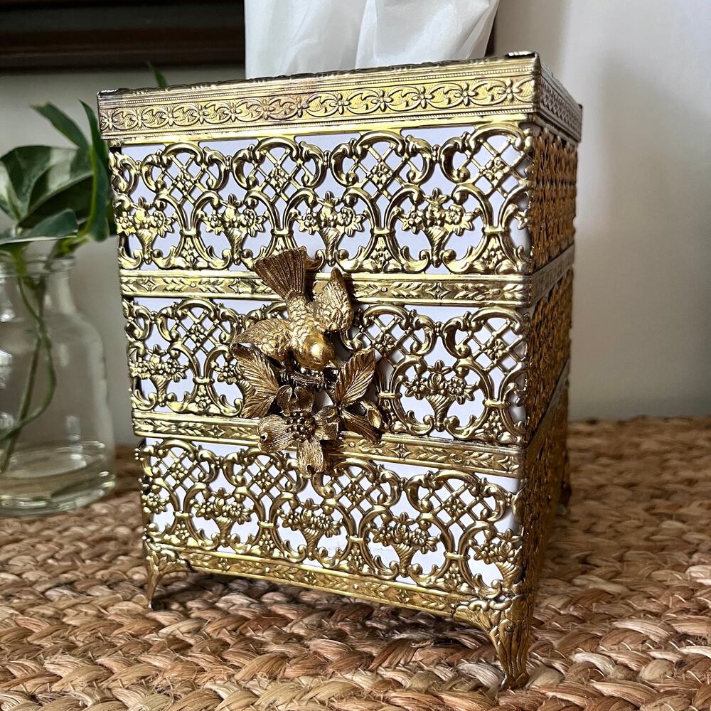 Vintage Gold Tone Filigree Square Tissue Box Cover Hollywood Regency Bird Floral